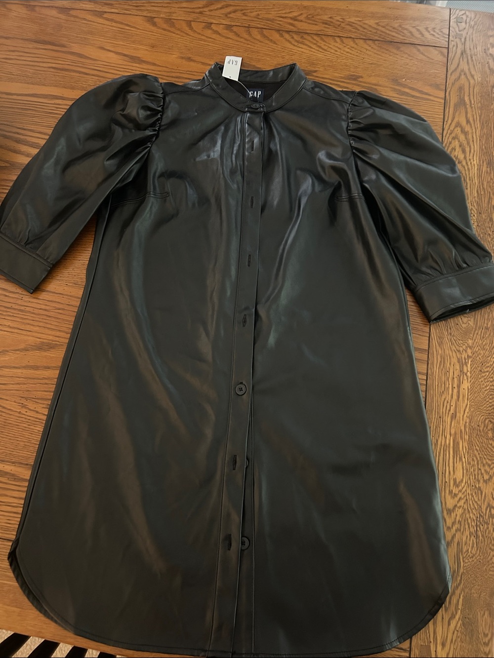 GAP Black Faux Leather Button-Front Puff Sleeve Dress/5